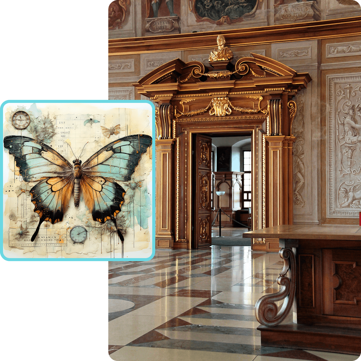 Butterfly illustration overlay on ornate room.