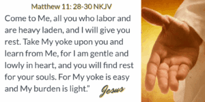 Inspirational Bible verse from Matthew 11:28-30 with a cup of coffee.