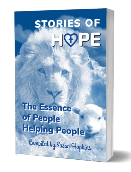 Book cover featuring a white lion and text about hope and helping people.