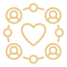 Connected happy faces surrounding a heart symbol.