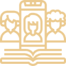 Icon depicting online learning with a teacher on a screen and students around a book.