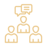 Three people with a chat bubble symbolizing communication.