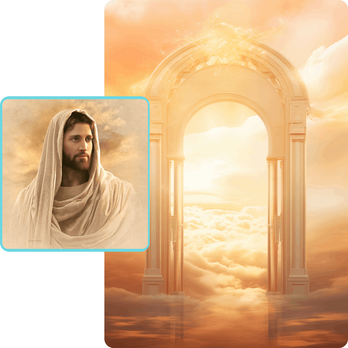 A serene image of Jesus with a heavenly golden gate and clouds.