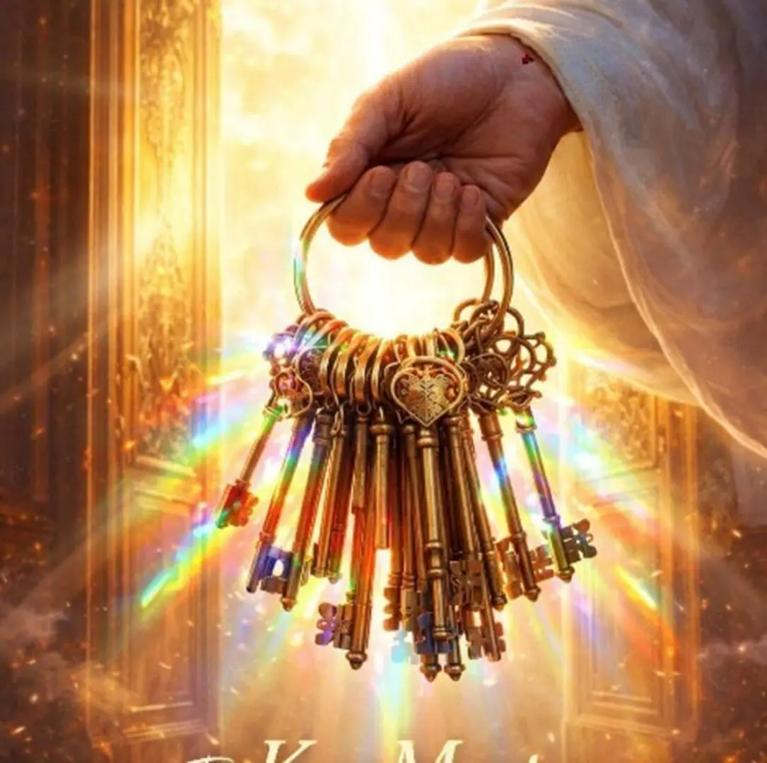 Hand holding a bunch of glowing golden keys with light beams.
