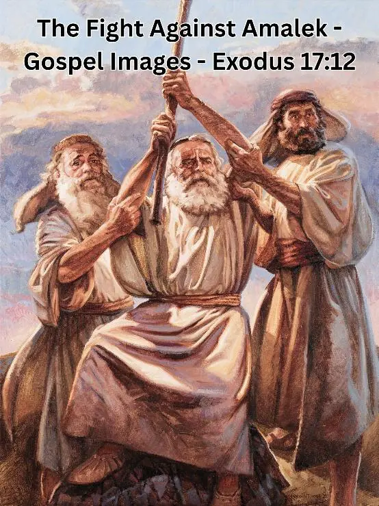 Three men holding up a staff.
