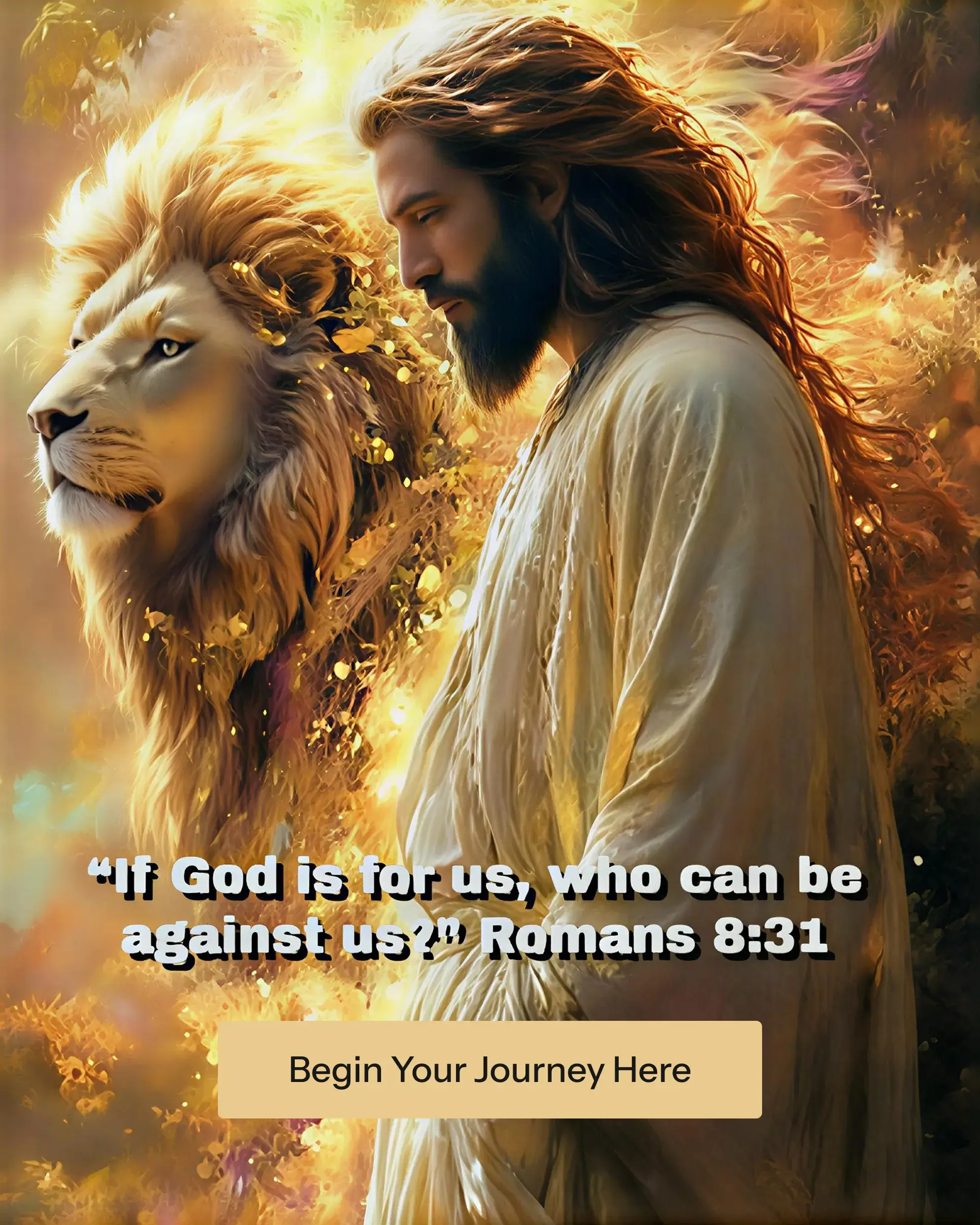 Jesus with a lion and Romans 8:31 quote about God's support.