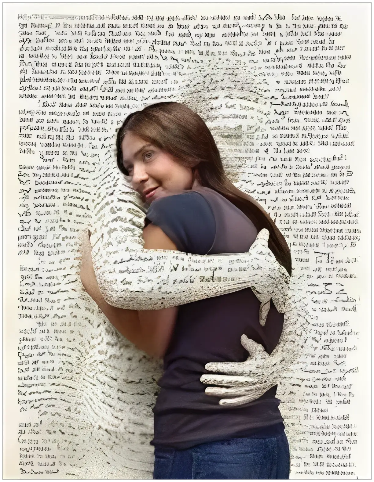 A woman is embraced by a hug made of handwritten text on a wall.