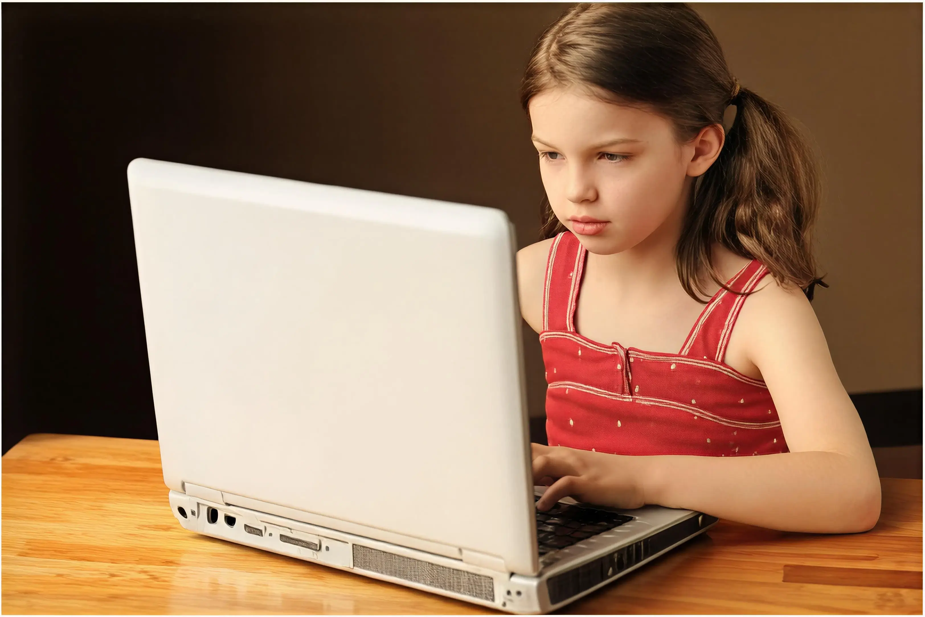 Young girl focused on using a laptop computer.