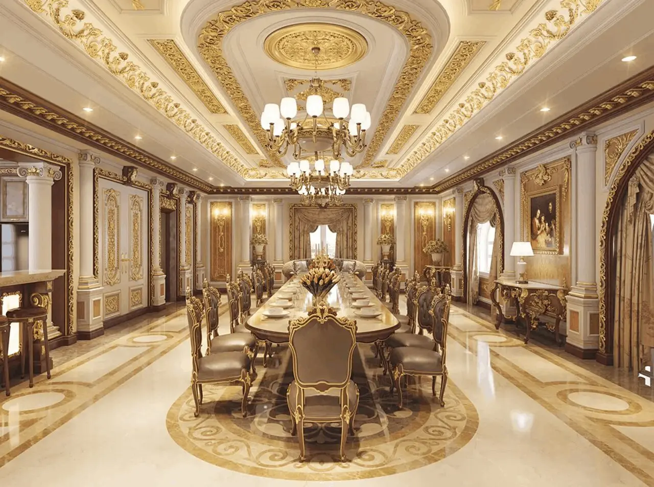 Grand formal dining hall with gilded decor